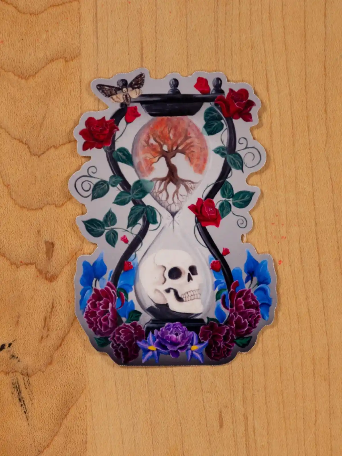 Memento Mori Vinyl Sticker: Gothic Skull, Dark Floral, Clear/Holographic, Hand-Painted Art