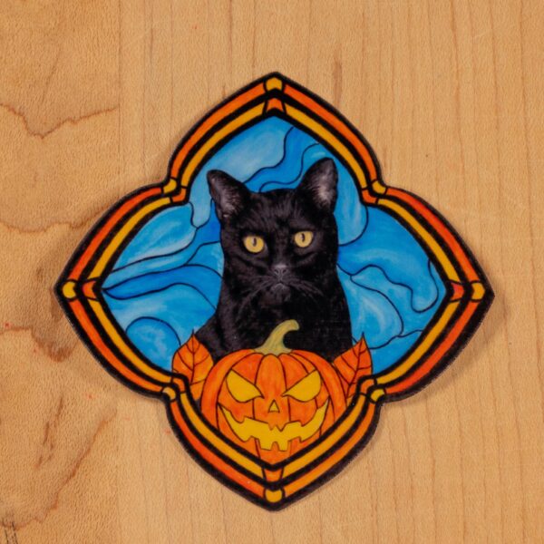 Stained Glass Black Cat Halloween Sticker or Magnet