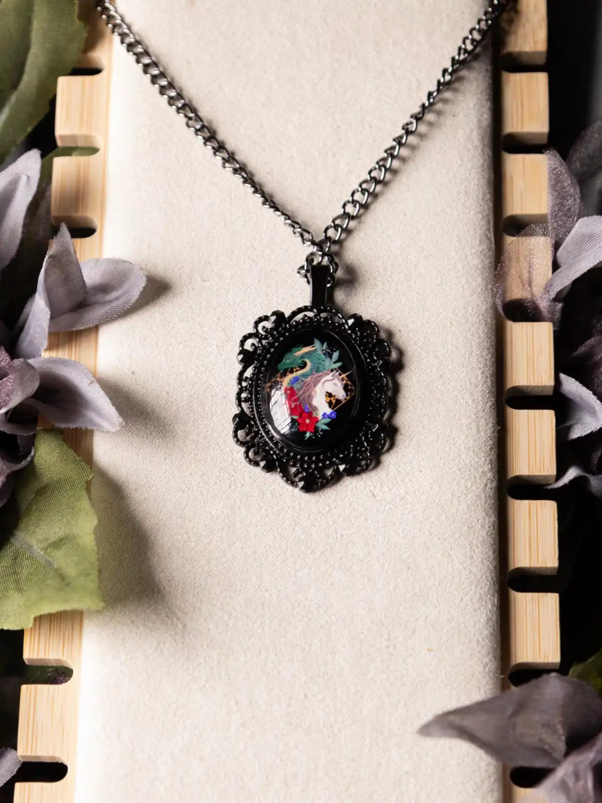Dragon & Unicorn Necklace with Hand-Painted Acrylic Painting