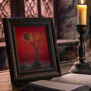 Spooky Red Tree Acrylic Painting with Blood Red Sky and Cemetery, Original Hand-Painted Art