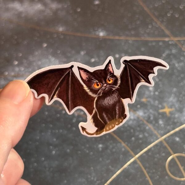 Batcat Art Vinyl Sticker: Gothic Whimsical Cat Decal, Original Hand-Painted Art