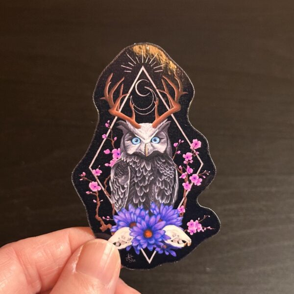 Dark Fantasy Owl Art Vinyl Sticker: Floral Horned Animal Decal, Original Hand-Painted Art