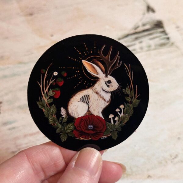 Jackalope Art Vinyl Sticker: Gothic Cryptid Rabbit, Dark Cottagecore Decor – Original Hand Painted Art