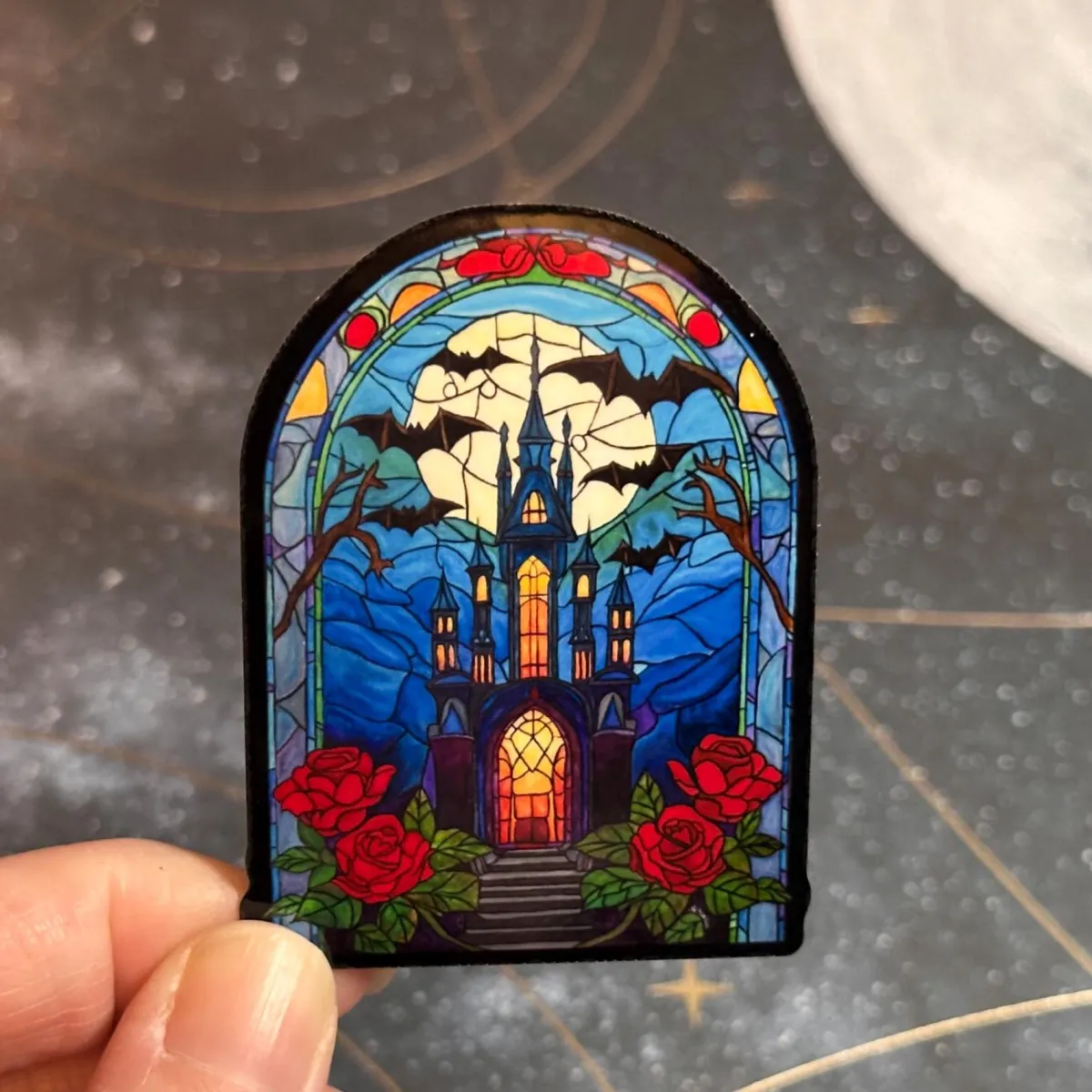 Dracula's Stained Glass Castle Sticker, Dark Fantasy Art Decal, Original Hand-Painted Art