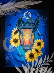 Gothic Bat Sunflower Painting, Original Hand-painted Art, Witchy Lantern Wall Decor
