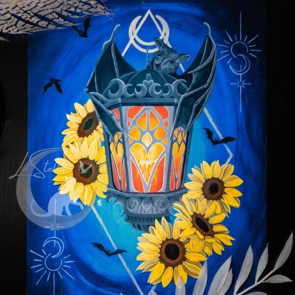 Gothic Bat Sunflower Painting, Original Hand-painted Art, Witchy Lantern Wall Decor