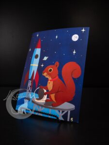 Astronaut Squirrel Acrylic Painting Print: Fantasy Atomic Age Hand-Painted Wall Art