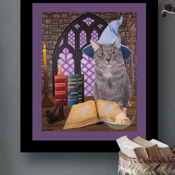 Cat Wizard Artwork, Magical Witchy Kitty Fantasy Decor, Original Hand-Painted Art