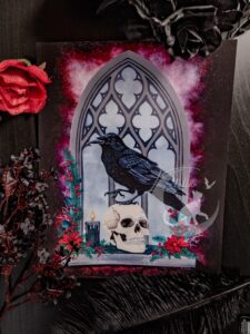 Gothic Raven Skull Painting: Dark Fantasy Print, Original Hand-Painted Art