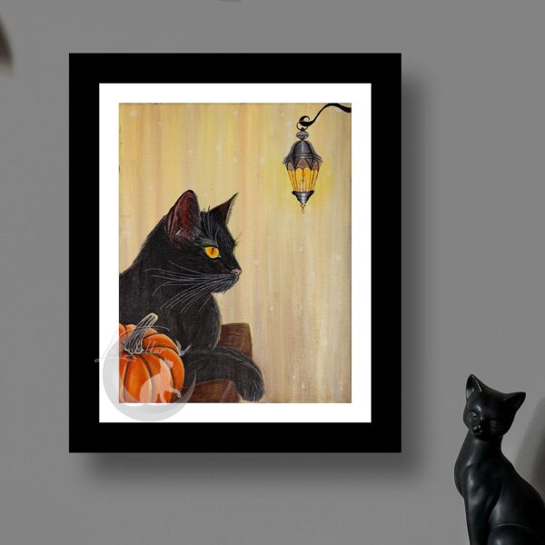 Black Cat Art Print, Pumpkin Painting, Spooky Fall Wall Decor, Original Hand-Painted Art