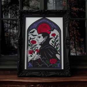 Vampire and Roses Stained Glass Motif Acrylic Hand-Painted Print: Dark Fantasy Cozy Goth Decor