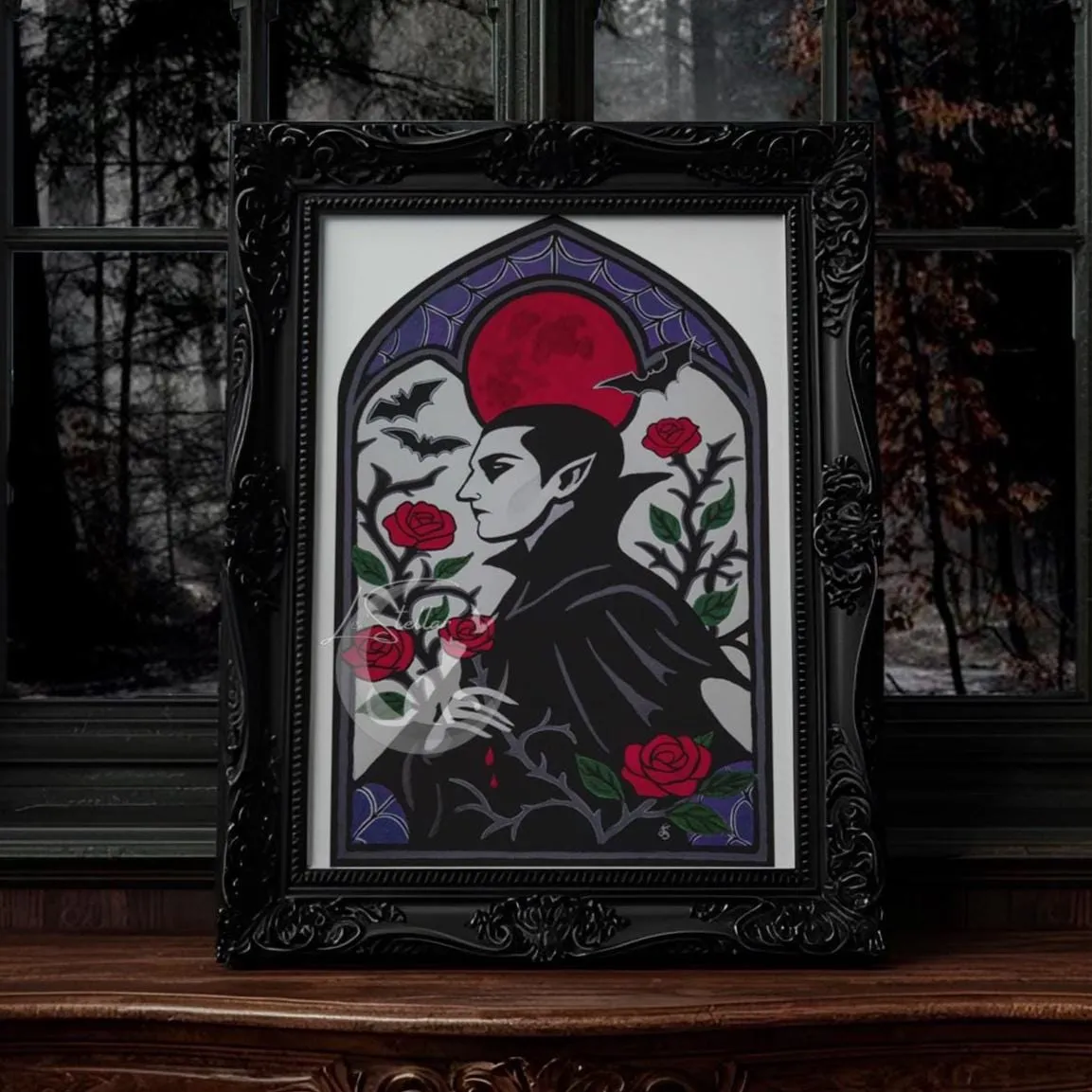 Vampire and Roses Stained Glass Motif Acrylic Hand-Painted Print: Dark Fantasy Cozy Goth Decor
