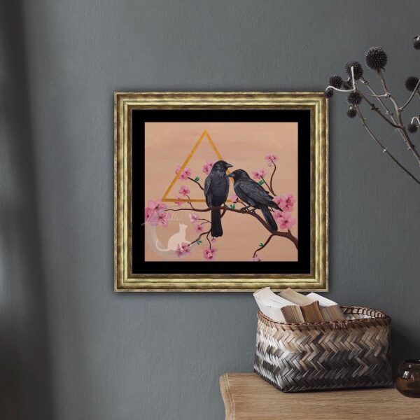 Crow and Cherry Blossom Painting: Acrylic Handpainted Cottagecore Bird Wall Art Print