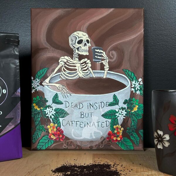 Spooky Coffee Bar Decor, Skeleton Artwork, Gothic Painting, Coffee Mug Print, Halloween