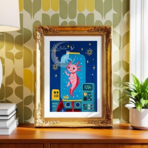 Retro Axolotl Acrylic Painting Print: Fantasy Atomic Age Hand-Painted Wall Art