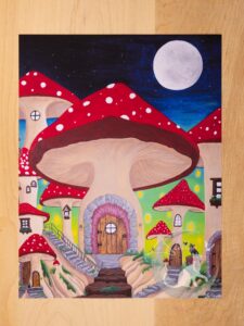 Mushroom Village Acrylic Painting, Fairy Home Artwork, Cottagecore Wall Decor, Whimsical Nature Gift