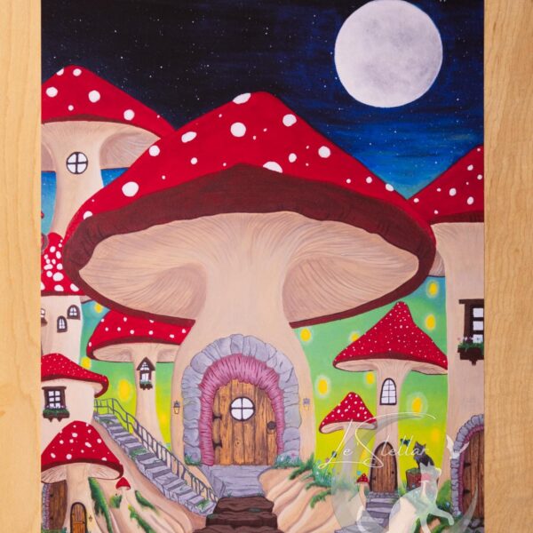 Mushroom Village Acrylic Painting, Fairy Home Artwork, Cottagecore Wall Decor, Whimsical Nature Gift