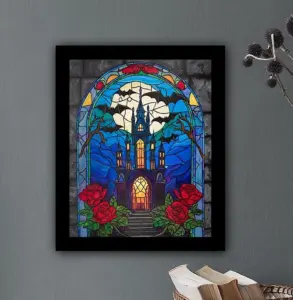 Gothic Castle Stained Glass Acrylic Painting: Dark Fantasy Vampire Decor, Original Hand-Painted Art