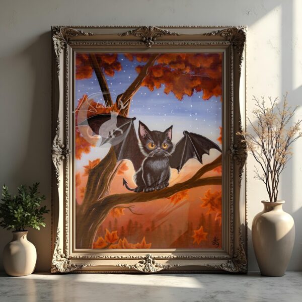 Bat Cat Acrylic Painting: Original Hand-Painted Art