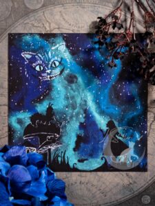 Alice in Wonderland Galaxy Print: Cosmic Cheshire Cat Acrylic Hand-painted Art (8x8)