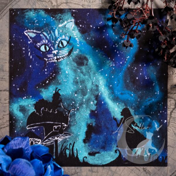 Alice in Wonderland Galaxy Print: Cosmic Cheshire Cat Acrylic Hand-painted Art (8×8)