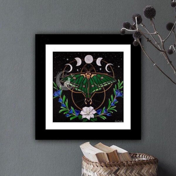 Spanish Moon Moth Acrylic Painting: Moon Phases Bedroom Decor