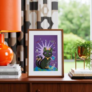 Whimsical Alien Cat Acrylic Painting Print: Fantasy Atomic Age Hand Painted Wall Art