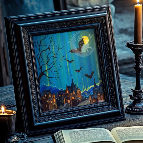 Gothic Starry Night Hand-Painted Art Print: Bats Over Old English Village Acrylic Painting (8×8)