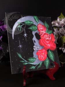 Skull Moon and Roses Art Print: Gothic Floral Home Acrylic Painting Decor