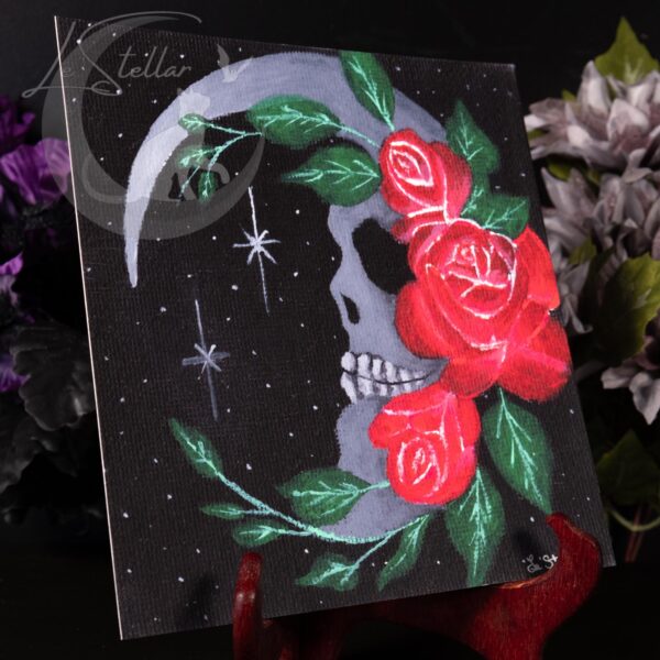 Skull Moon and Roses Art Print: Gothic Floral Home Acrylic Painting Decor