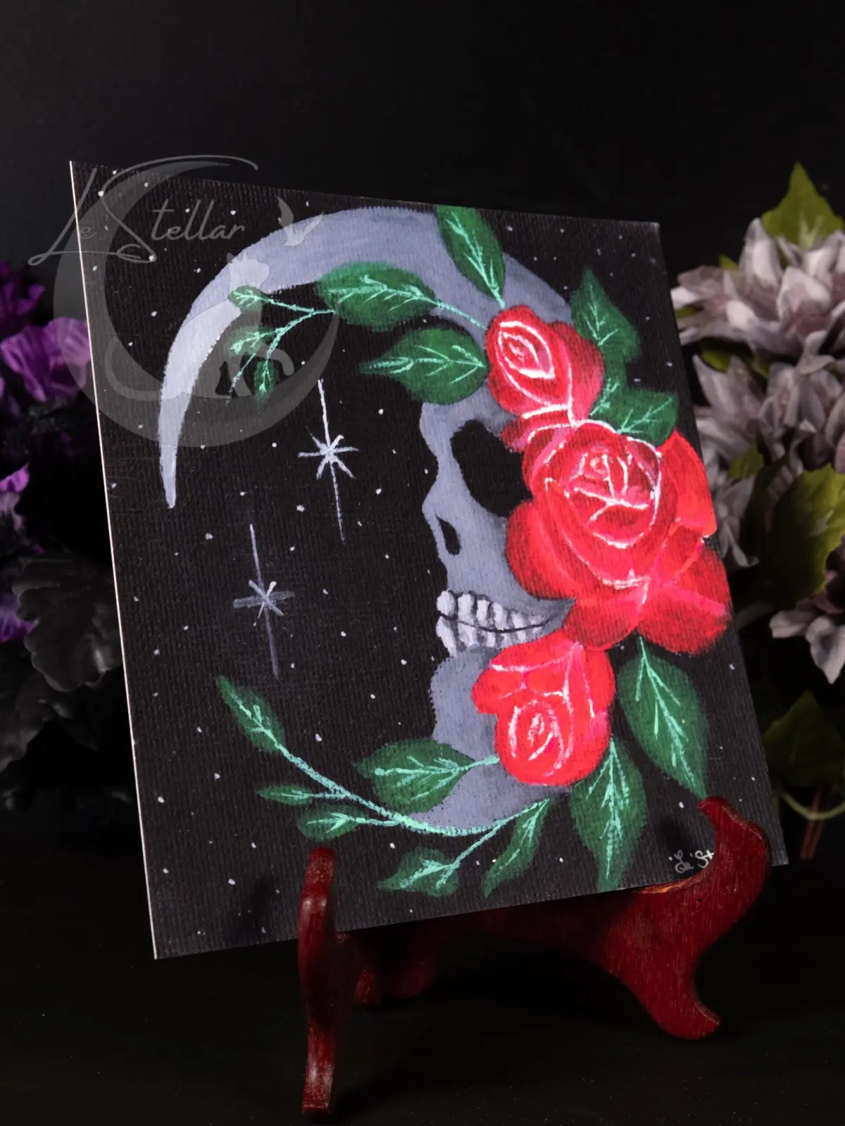 Skull Moon and Roses Art Print: Gothic Floral Home Acrylic Painting Decor