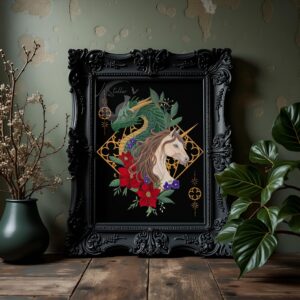 Dragon and Unicorn Gothic Art Print: Dark Academia Fantasy Acrylic Painting Decor