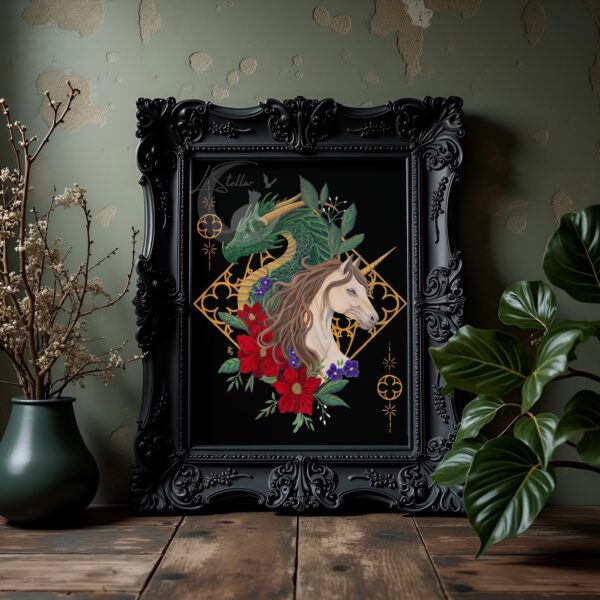 Dragon and Unicorn Gothic Art Print: Dark Academia Fantasy Acrylic Painting Decor