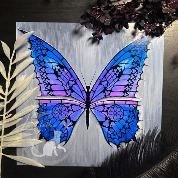 Galaxy Butterfly Artwork, Handpainted Gothic Tracery Print, Dark Space Wall Decor