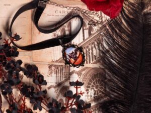 Black Cat Bat Choker: Victorian Mourning Jewelry with Original Hand-Painted Artwork