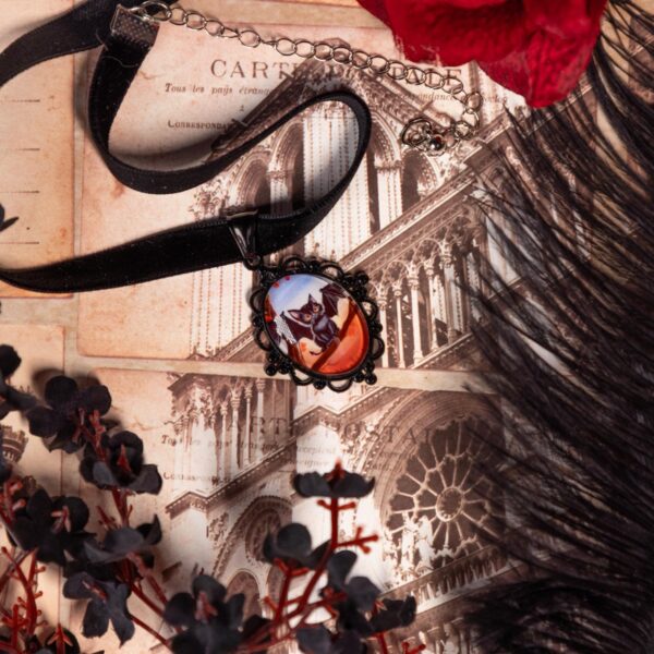 Black Cat Bat Choker: Victorian Mourning Jewelry with Original Hand-Painted Artwork