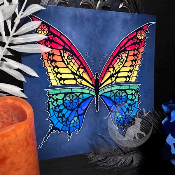 Pride Butterfly Artwork, Handpainted Stained Glass Gothic Tracery Print