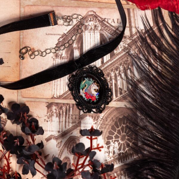 Fantasy Dragon and Unicorn Choker: Victorian Mourning Jewelry with Original Hand-Painted Artwork