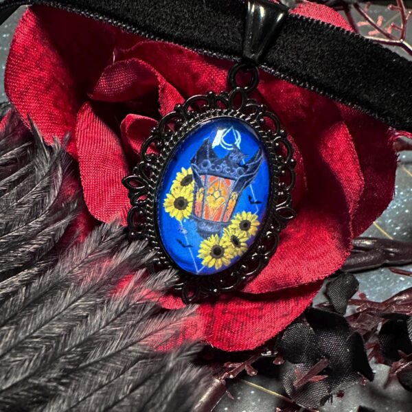 Gothic Sunflower Bat Choker: Victorian Mourning Jewelry with Original Hand-Painted Artwork