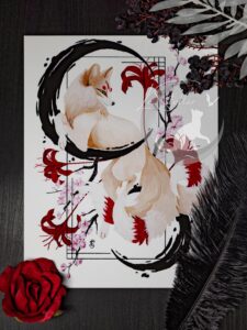 Kitsune Fox Art Print, Japanese Inspired Wall Art, Sumi-e Painting