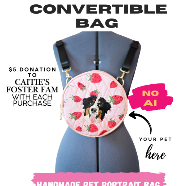 Custom Handmade Pet Portrait Mini Bag – Round Convertible Strawberry Quilted Mini Bag