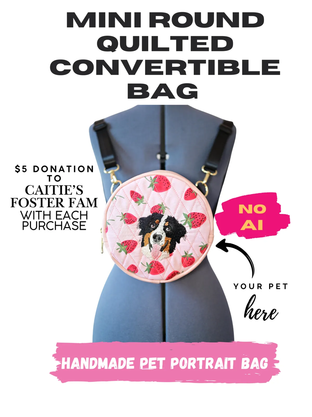 Custom Handmade Pet Portrait Mini Bag - Round Convertible Strawberry Quilted Mini Bag