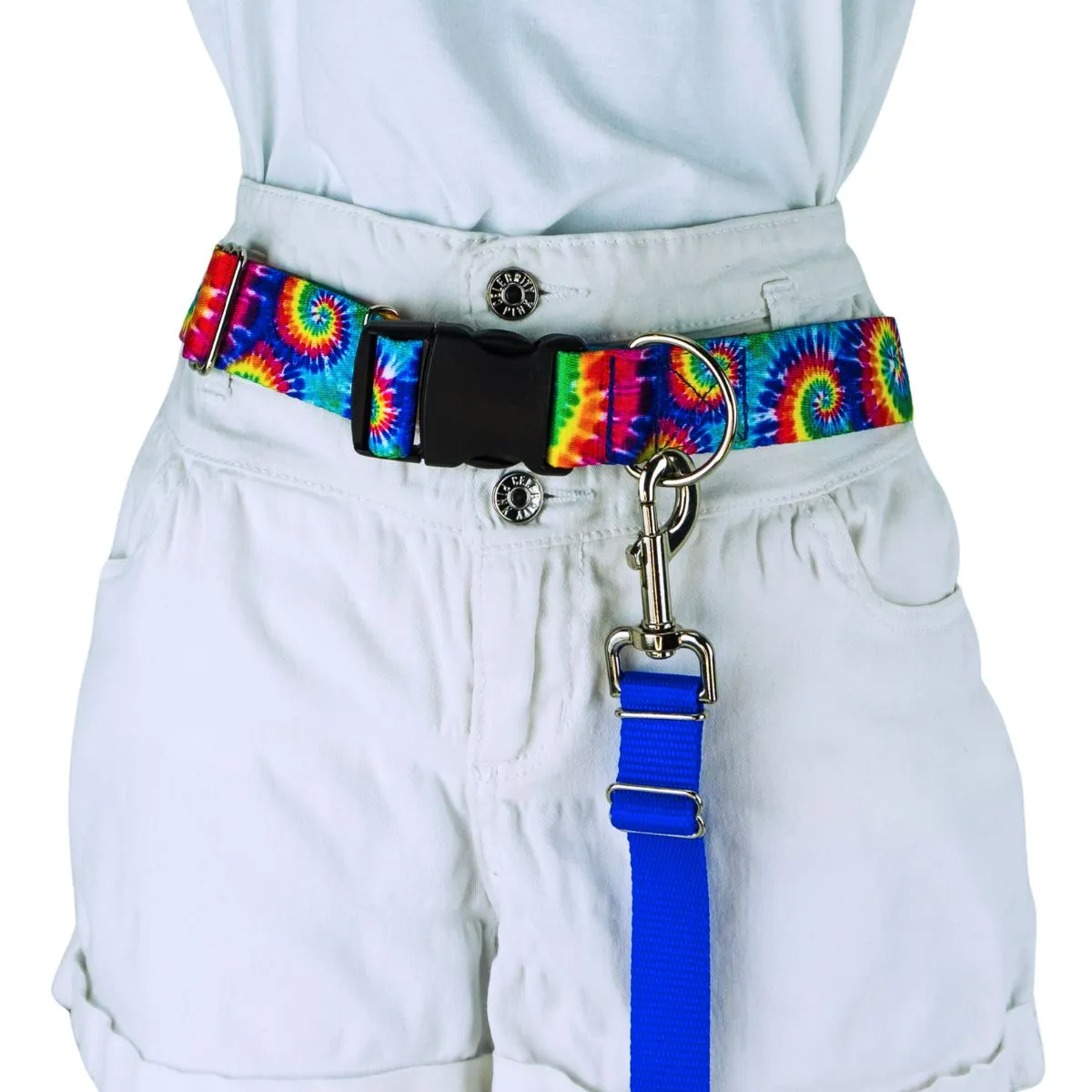 medium weight hands free leash belt in polyester tie dye pattern