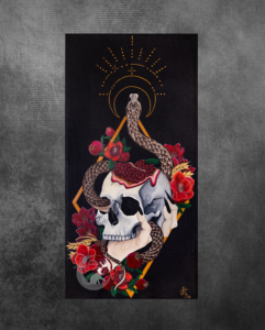 Skull with snake and pomegranates