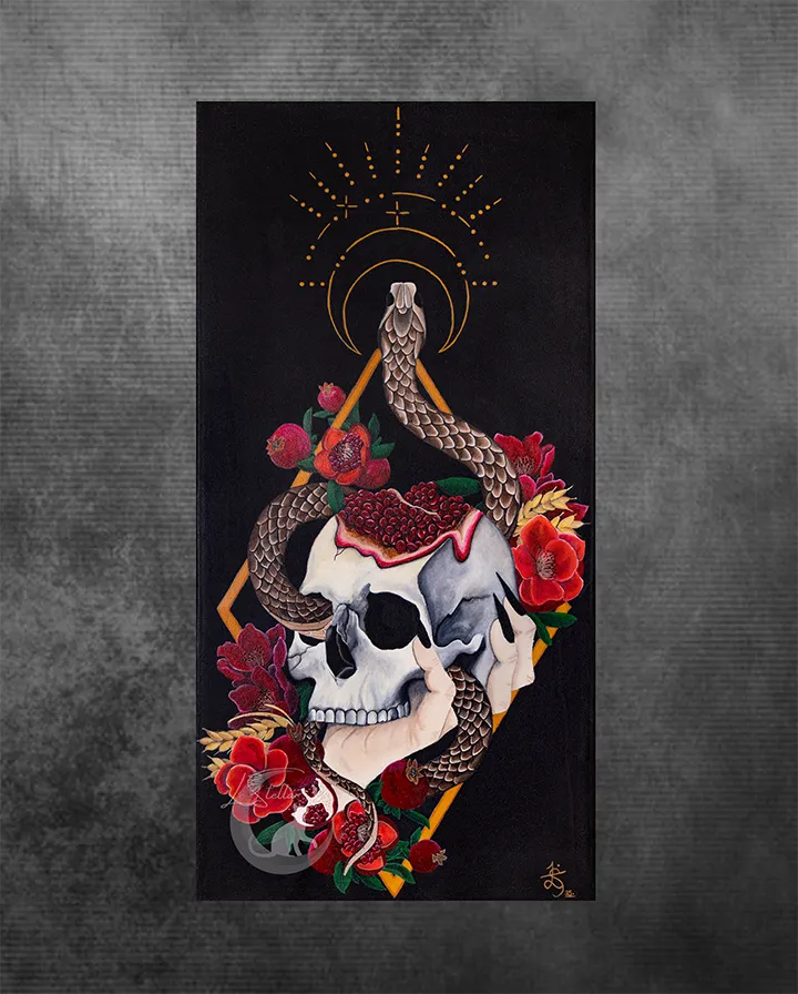 Skull with snake and pomegranates