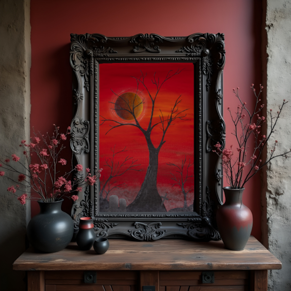 Spooky Red Tree Acrylic Painting with Blood Red Sky and Cemetery, Original Hand-Painted Art