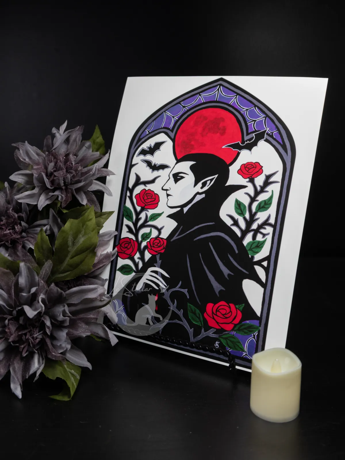 Vampire and Roses Stained Glass Motif Acrylic Hand-Painted Print: Dark Fantasy Cozy Goth Decor - Image 2