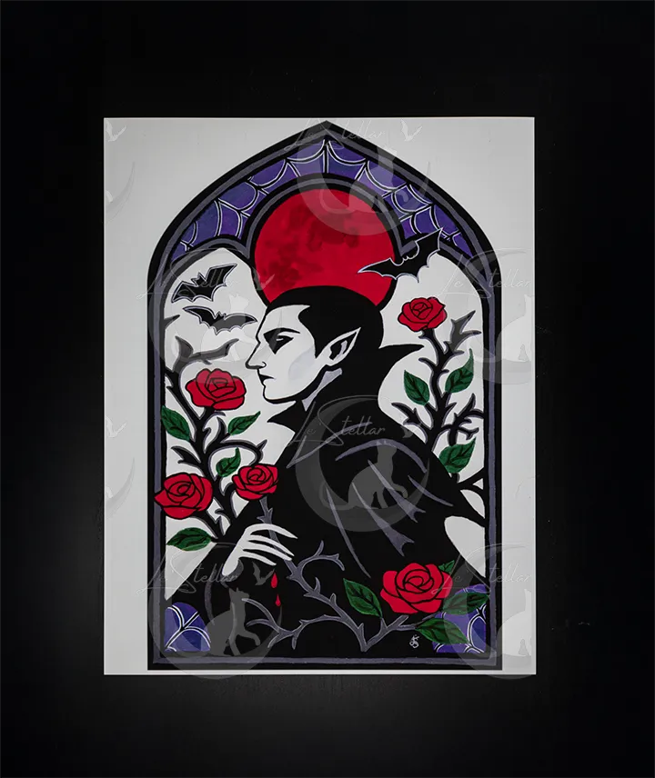 Vampire and Roses Stained Glass Motif Acrylic Hand-Painted Print: Dark Fantasy Cozy Goth Decor - Image 3