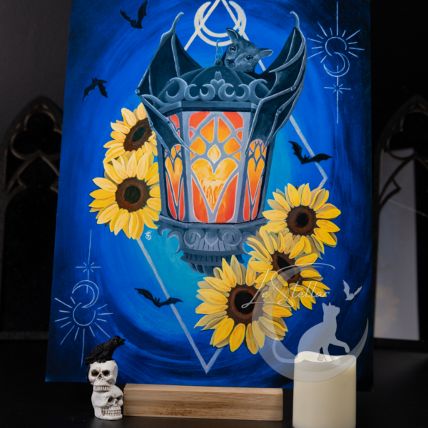Gothic Bat Sunflower Painting, Original Hand-painted Art, Witchy Lantern Wall Decor