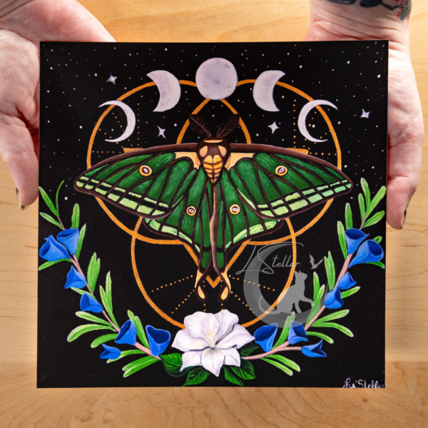 Spanish Moon Moth Acrylic Painting: Moon Phases Bedroom Decor